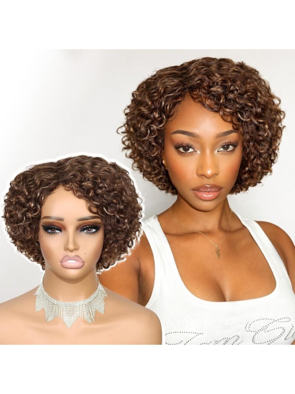 Short Curly Human Hair Wig for Black Women - 8 Inch Mix Brown Blonde Bob